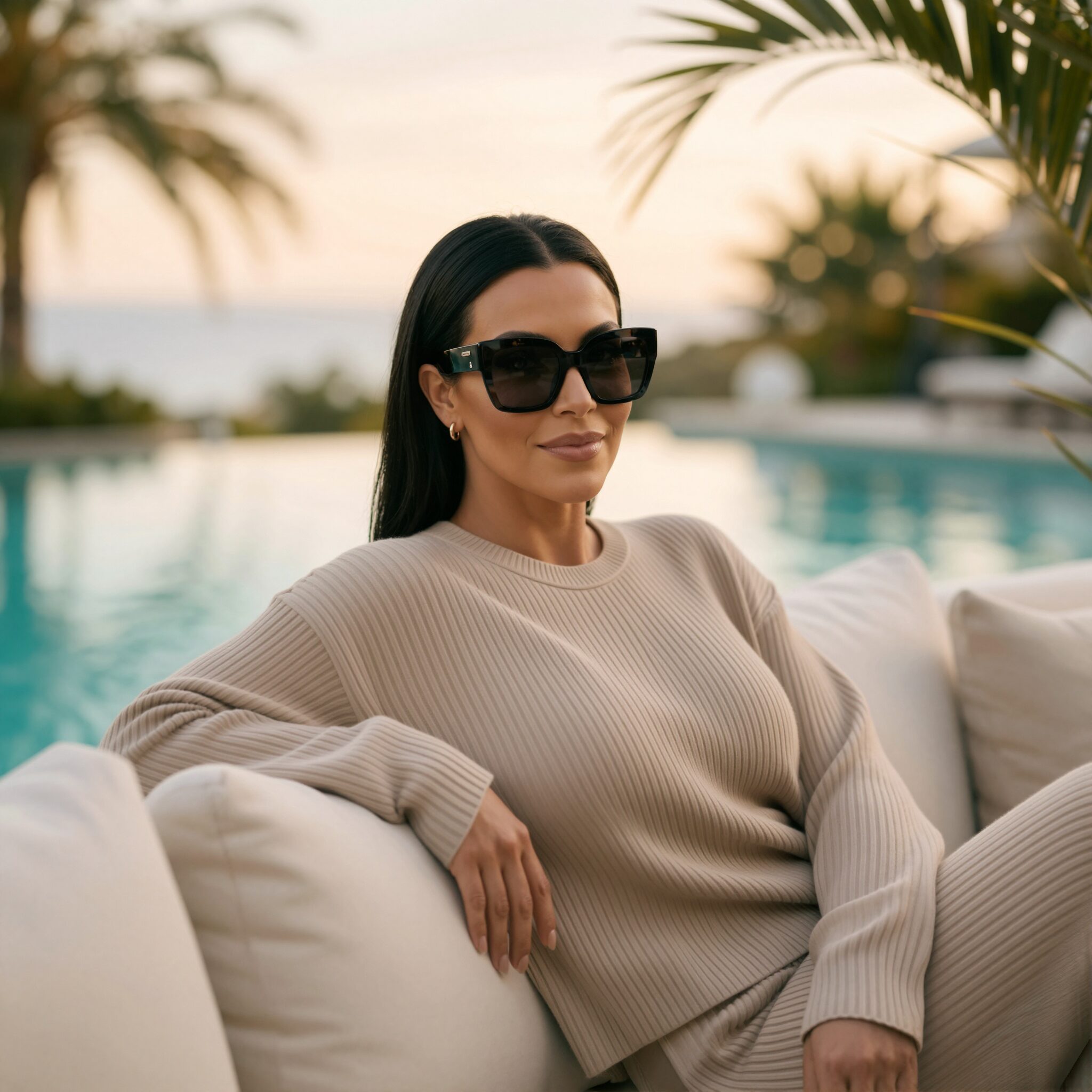 Kim Kardashian with sunglasses in relaxed environment