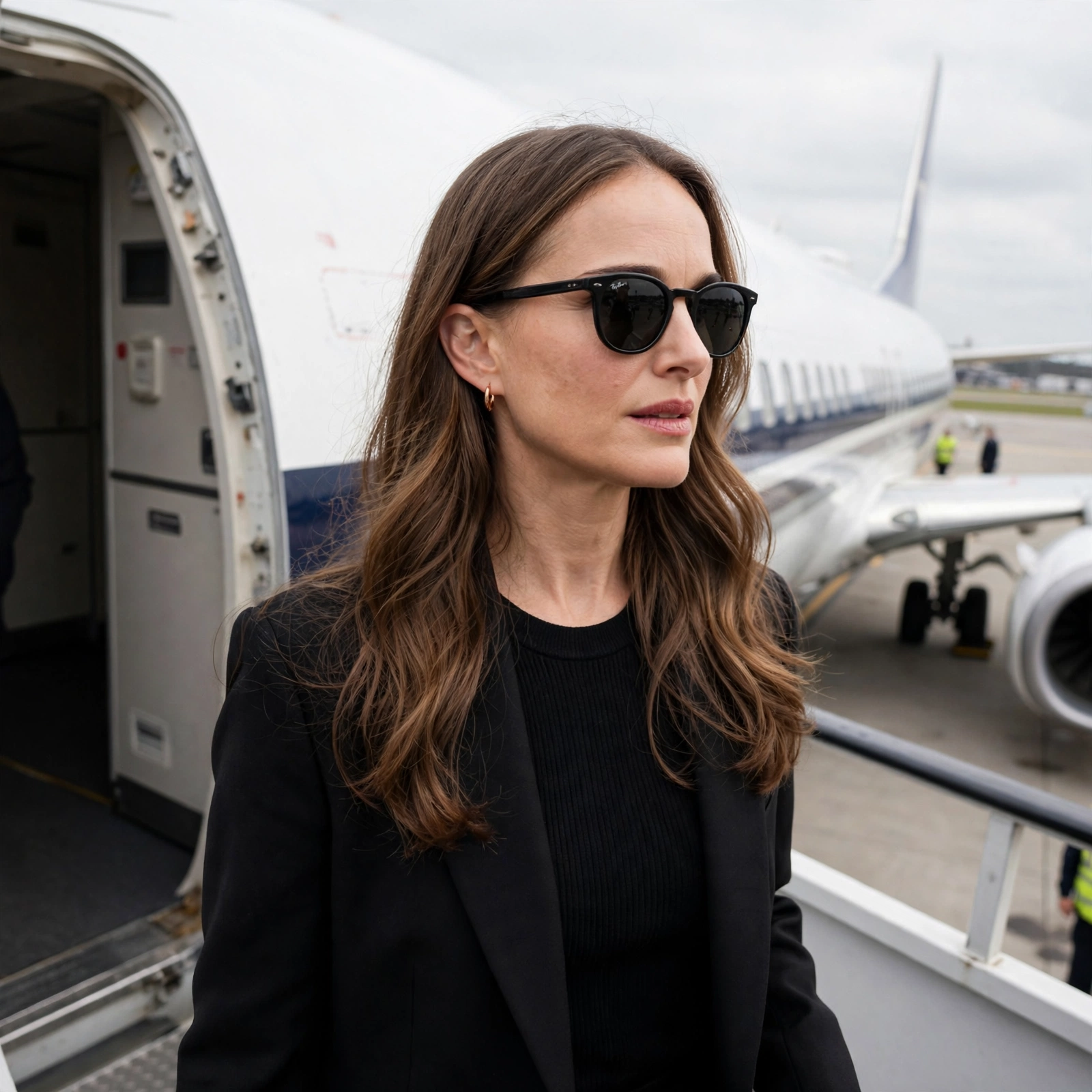 Natalie Portman with sunglasses leaving airplane