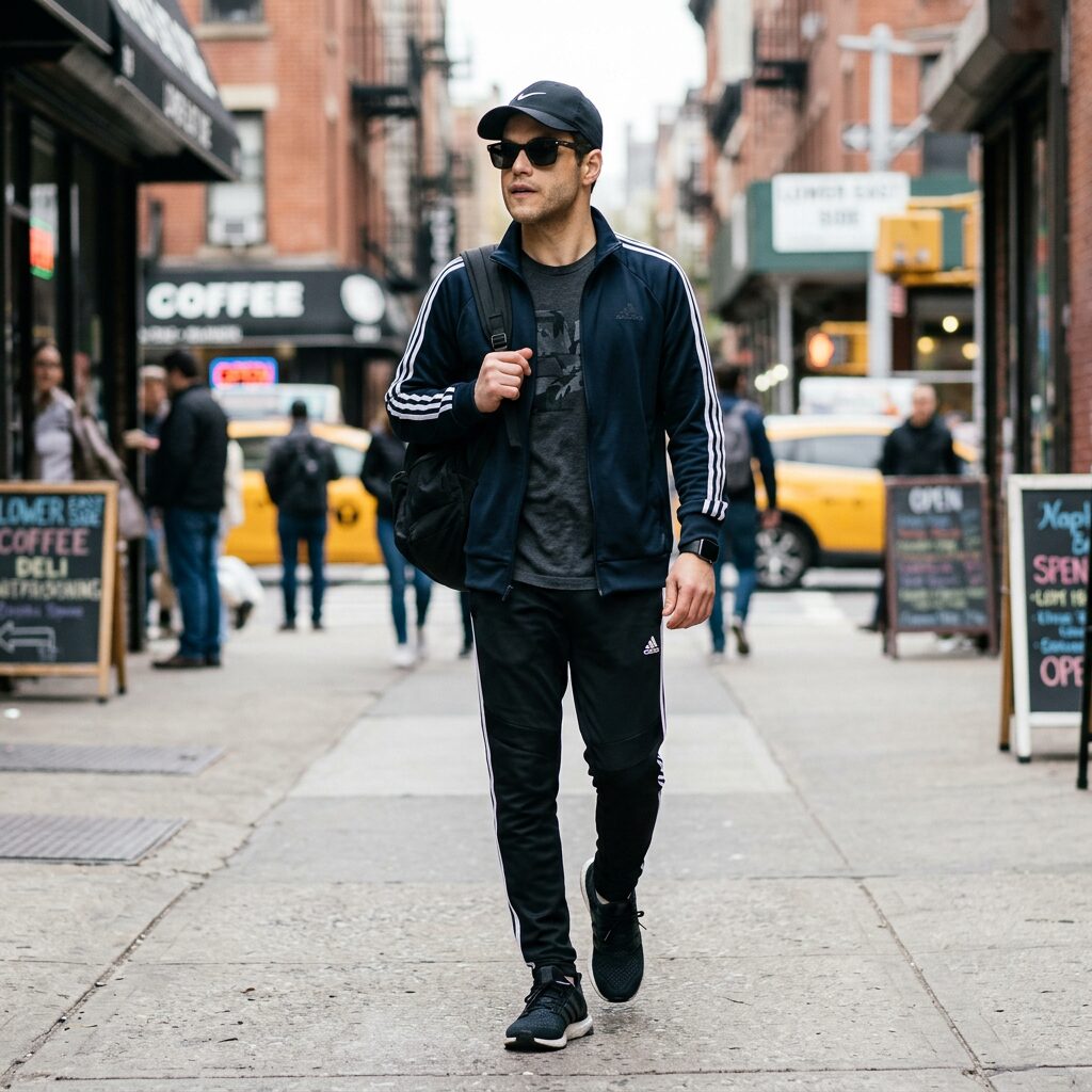 Rami Malek sporty streetstyle with sunglasses